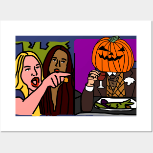 Halloween Horror Woman Yelling at Cat Memes with Pumpkin Head Leonardo Posters and Art